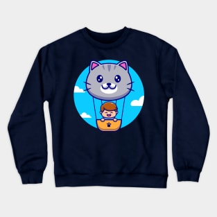 Cute Boy Flying With Cute Cat Air Balloon Cartoon Crewneck Sweatshirt